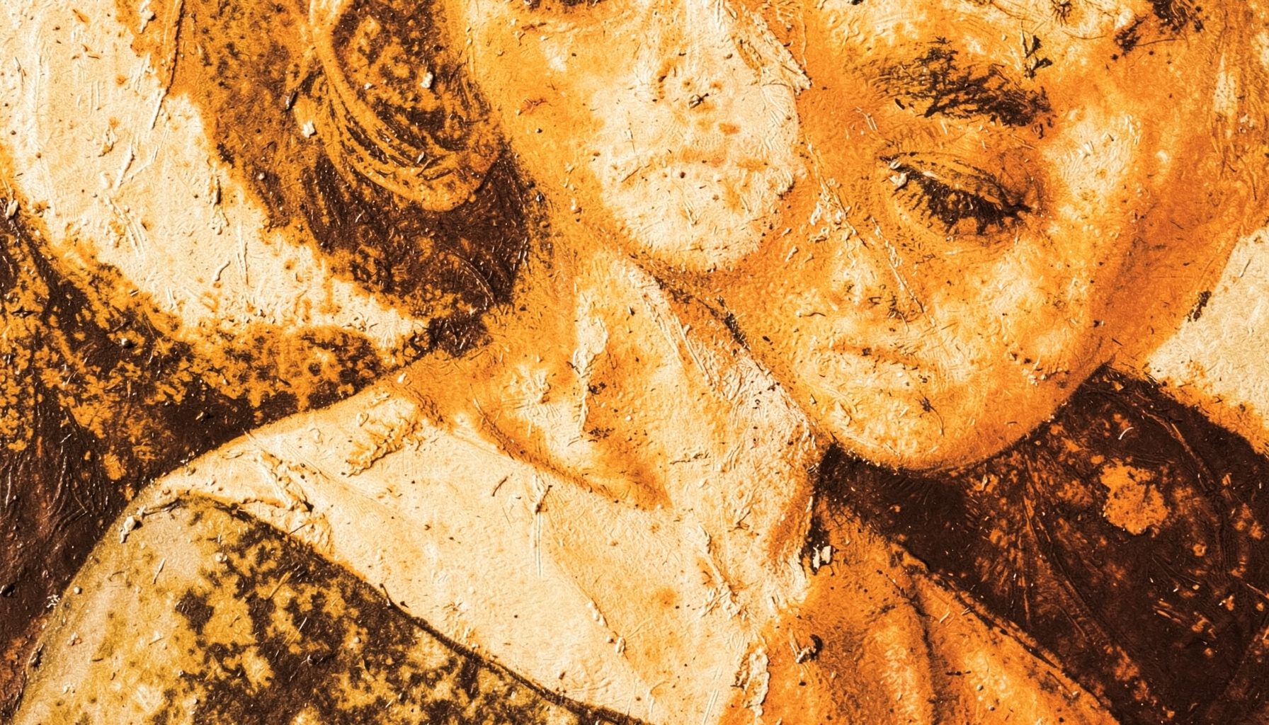 A close view of a textured oil painting in warm amber and ivory tones