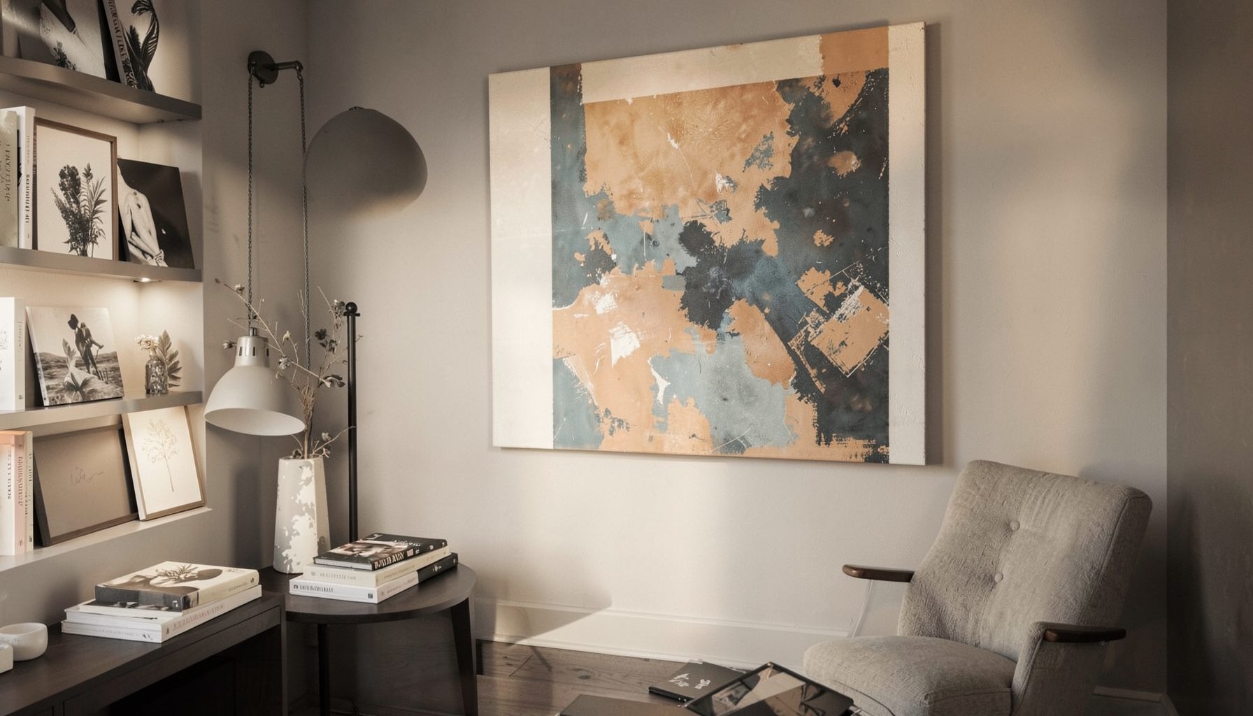 A softly lit consultation space with art books and a large abstract painting in warm beige and dusty blue